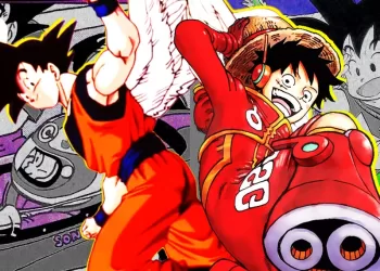 Fotografia em preto e branco de Eiichiro Oda, criador de One Piece, e Akira Toriyama, criador de Dragon Ball, sorrindo e apertando as mãos.