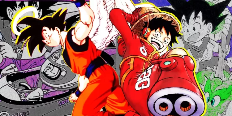 Fotografia em preto e branco de Eiichiro Oda, criador de One Piece, e Akira Toriyama, criador de Dragon Ball, sorrindo e apertando as mãos.