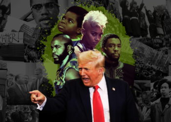 imagem mostra em destaque Trump com uma imagem raivosa e ao fundo imagens de pessoas negras icones na luta contra racismo