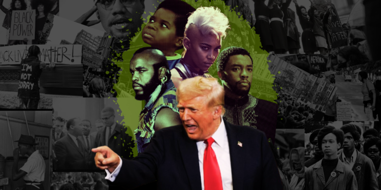 imagem mostra em destaque Trump com uma imagem raivosa e ao fundo imagens de pessoas negras icones na luta contra racismo